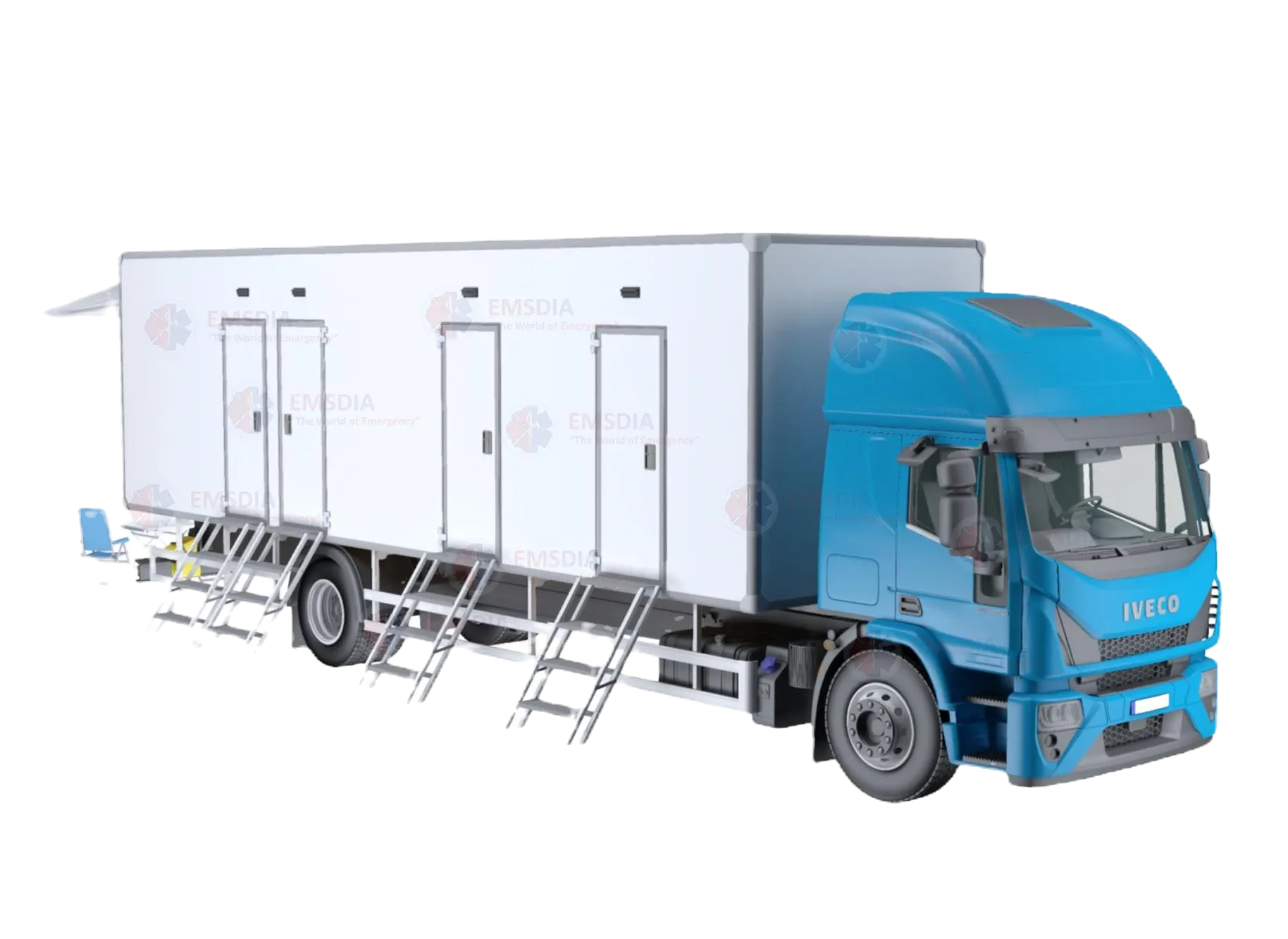 Mobile clinic on an IVECO truck with four side doors and folding steps, 3D render