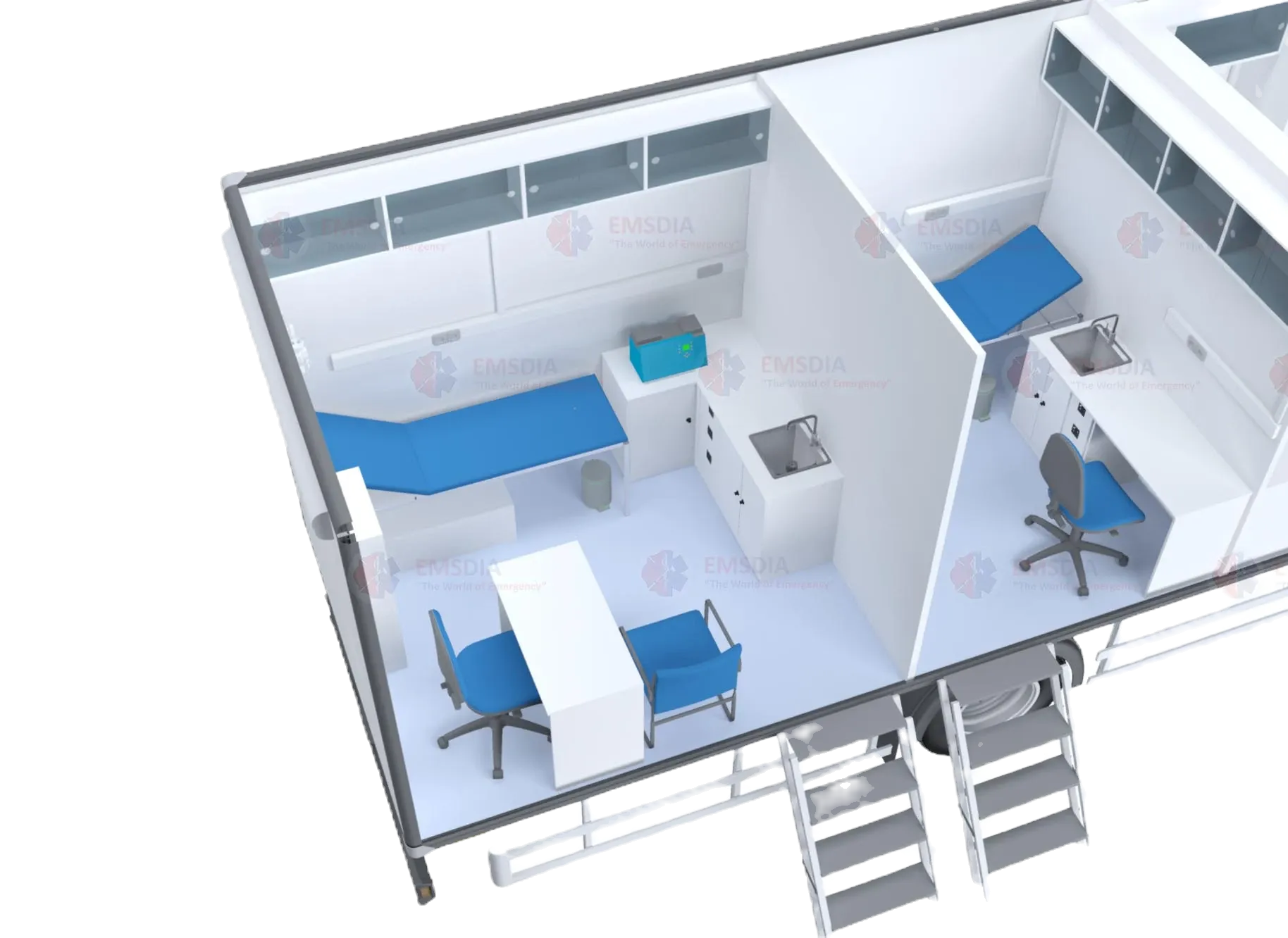 Close-up 3D cutaway of two mobile clinic examination rooms with couches, desks and sinks
